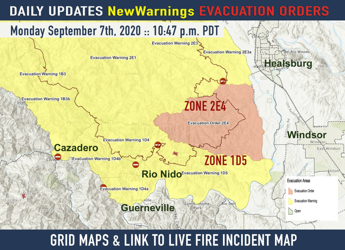 Fire Alerts Sonoma County Mandatory Evacuation Order For Zone 2e4 And Warning For Zone 1d5