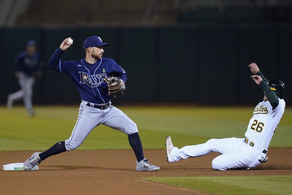Tampa Bay Rays' Mike Zunino heads to first after being hit by a