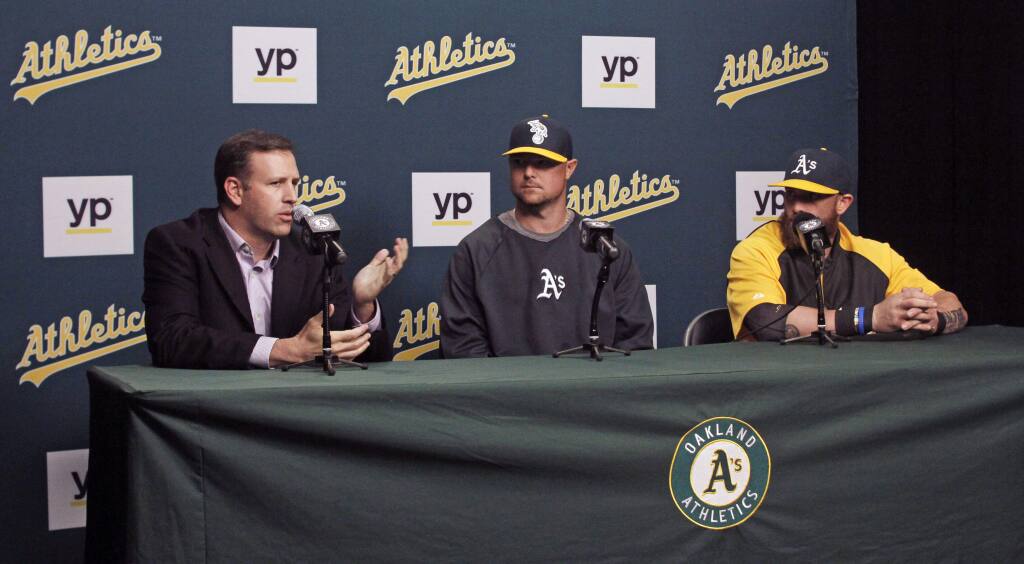 Oakland Athletics general manager Billy Beane answers questions