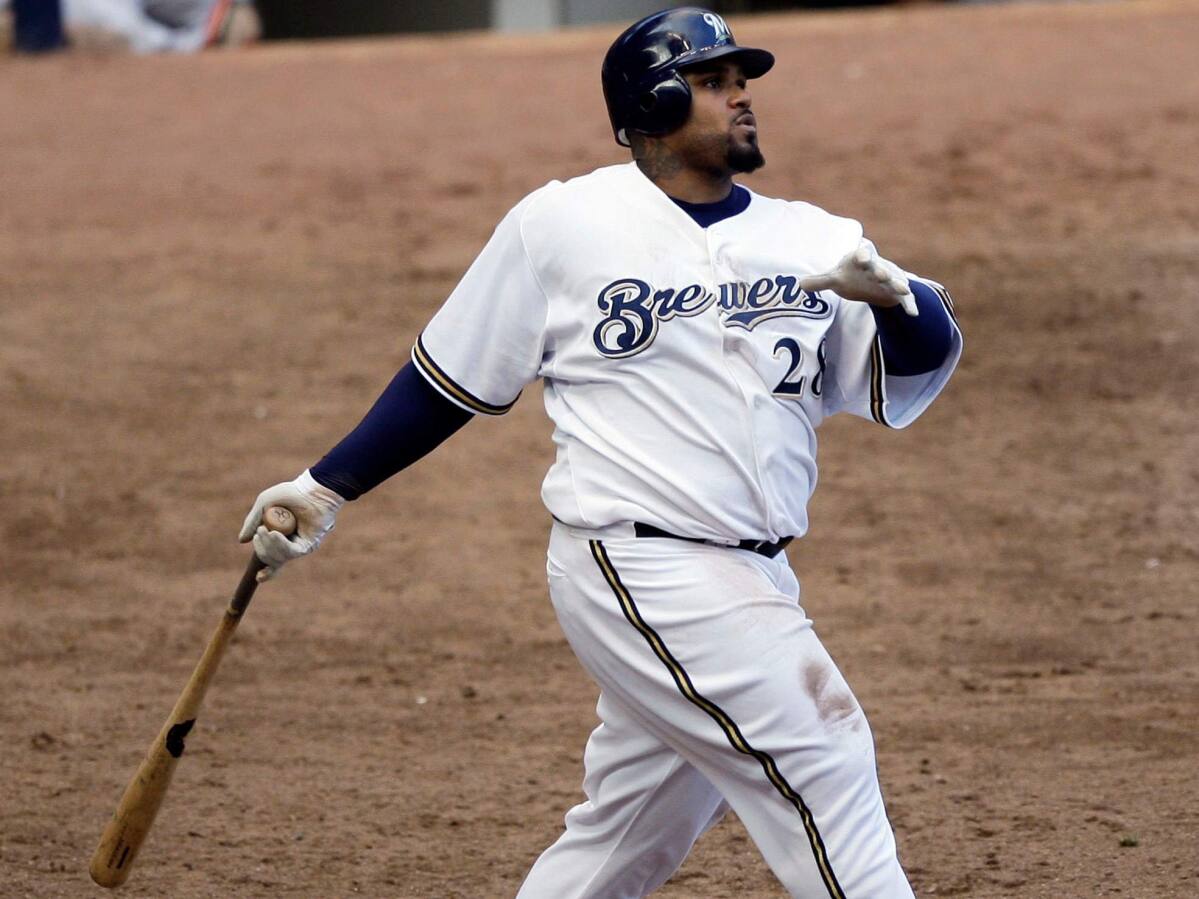 Milwaukee Brewers first baseman Prince Fielder (28) singles in the 3rd  inning of the game between the Milwaukee Brewers and San Francisco Giants  at Miller Park in Milwaukee, Wisconsin. The Giants defeated