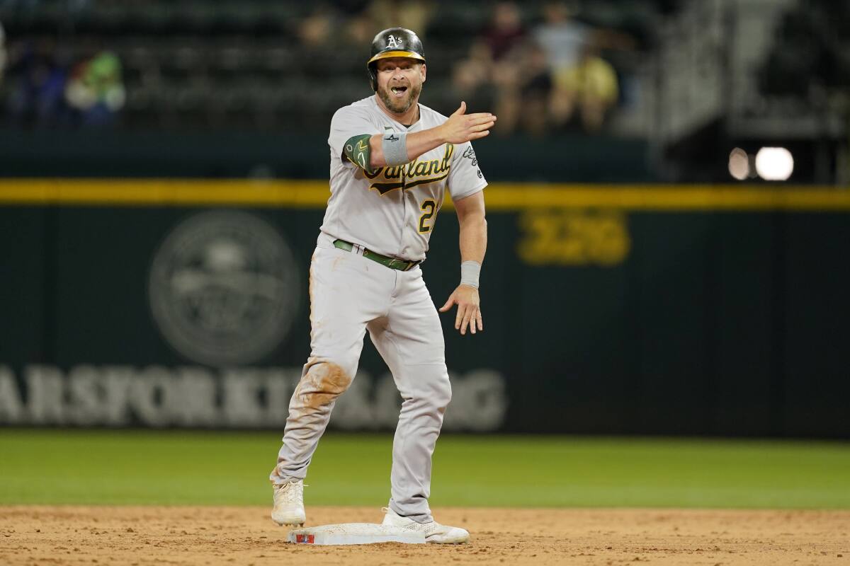 HOUSTON, TX - JULY 16: Oakland Athletics third baseman Vimael Machin (31)  lines out to left in the top of the eighth inning during the MLB game  between the Oakland Athletics and
