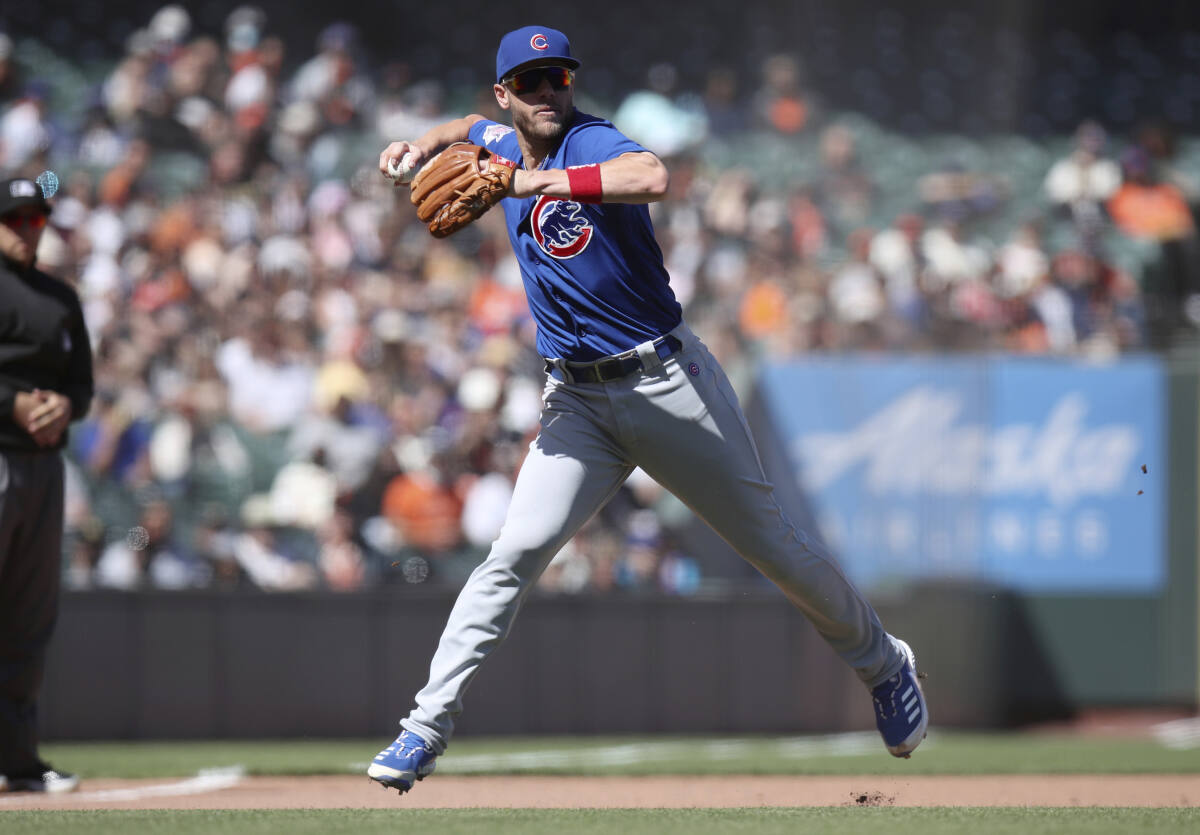 Chicago Cubs' Patrick Wisdom blows a bubble while batting during the fourth  inning of the team's baseball game against the San Diego Padres on Tuesday,  April 25, 2023, in Chicago. (AP Photo/Erin