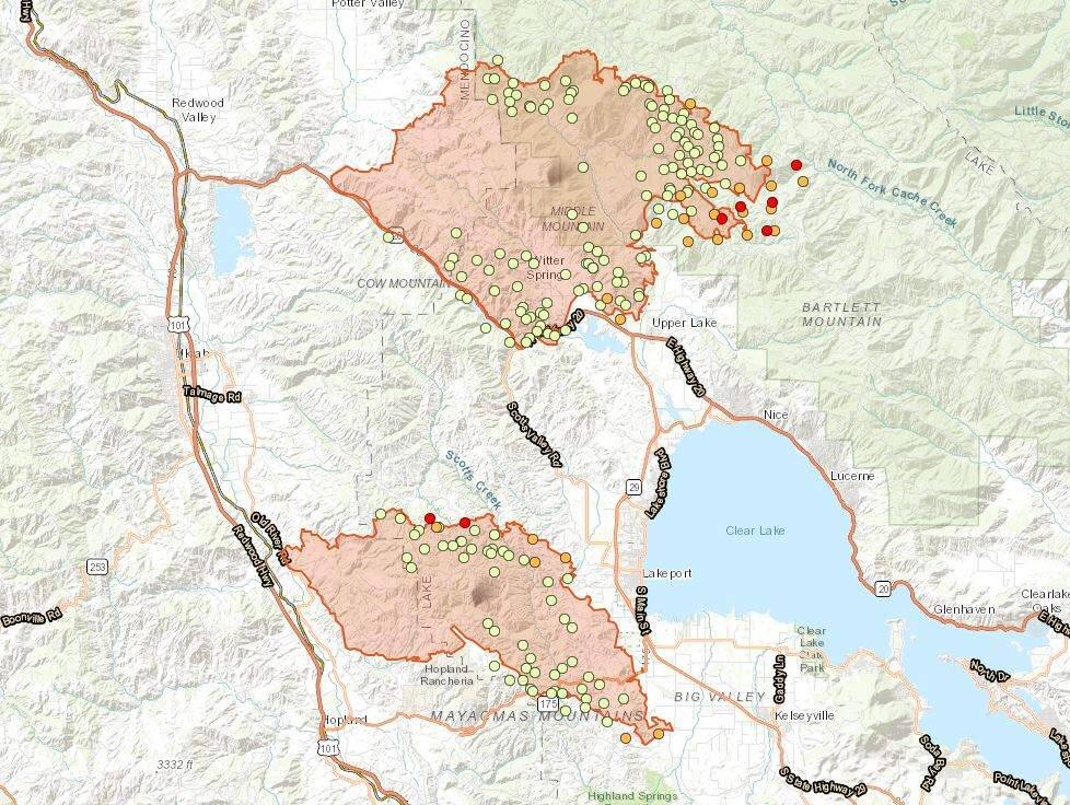 Live map of the River Fire and Ranch fires in Mendocino and Lake counties