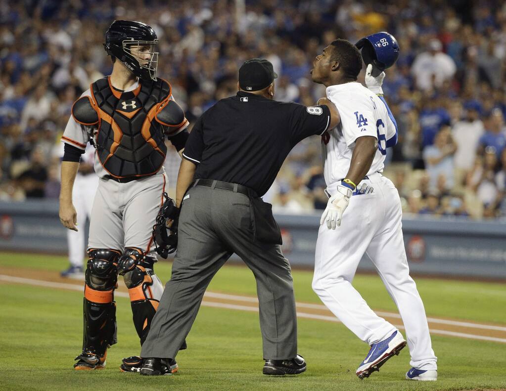 2013 MLB playoffs -- Yasiel Puig of Los Angeles Dodgers annoys