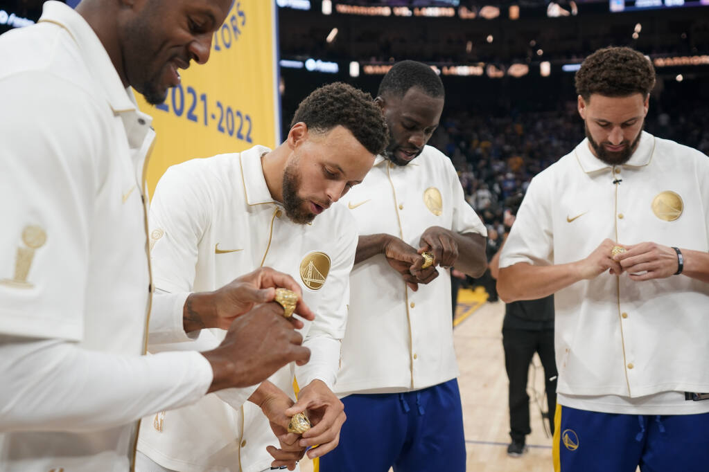 Andre Iguodala Draymond Green Klay Thompson & Stephen Curry Golden State Warriors Unsigned 2022 Ring Ceremony Photograph