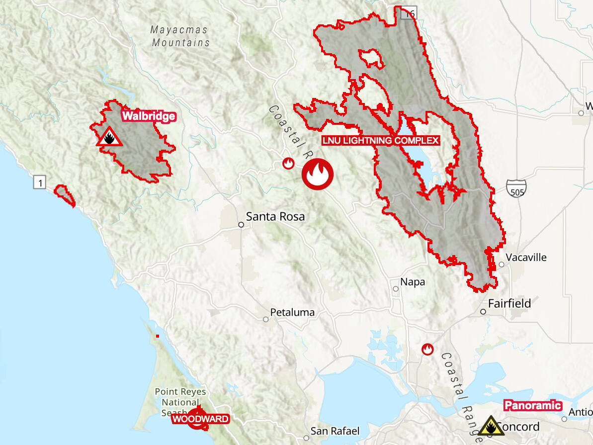 Interactive map of the Sonoma’s Walbridge and Napa’s Hennessey fires