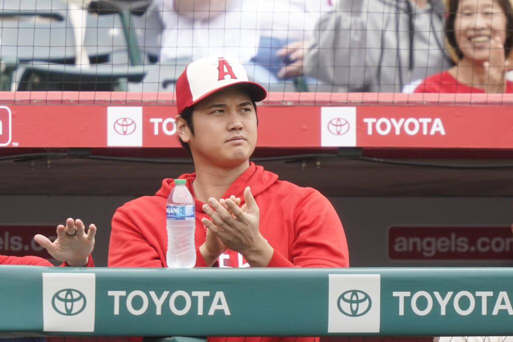 Shohei Ohtani of the Los Angeles Angels is pictured in the dugout