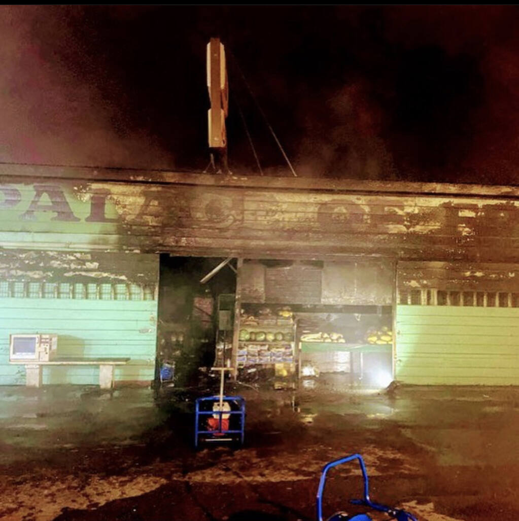 On Saturday, Sept 12, 2020, around 3 a.m., a car slammed into the Palace of Fruit on Old Redwood Highway, igniting a blaze. (Rancho Adobe Fire Department)
