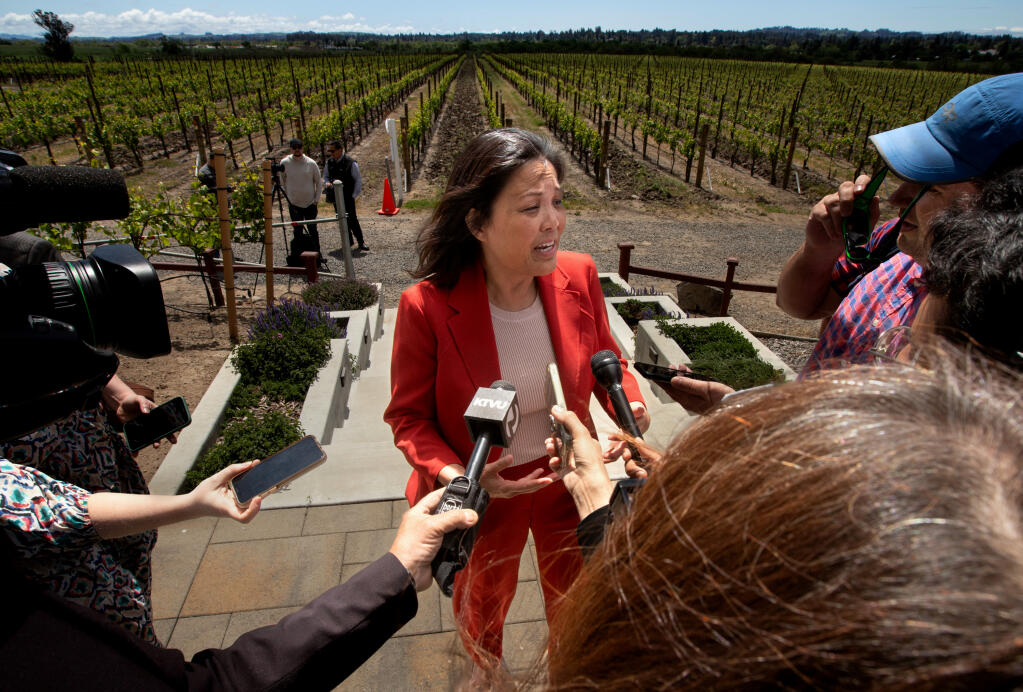 Acting U.S. Secretary of Labor Julie Su speaks with the media after she announced new labor department rule to ensure fair labor standards for the U.S. agricultural industry, at a press conference at Balletto Vineyards in Santa Rosa, Friday, April 26, 2024. (Darryl Bush / For The Press Democrat)