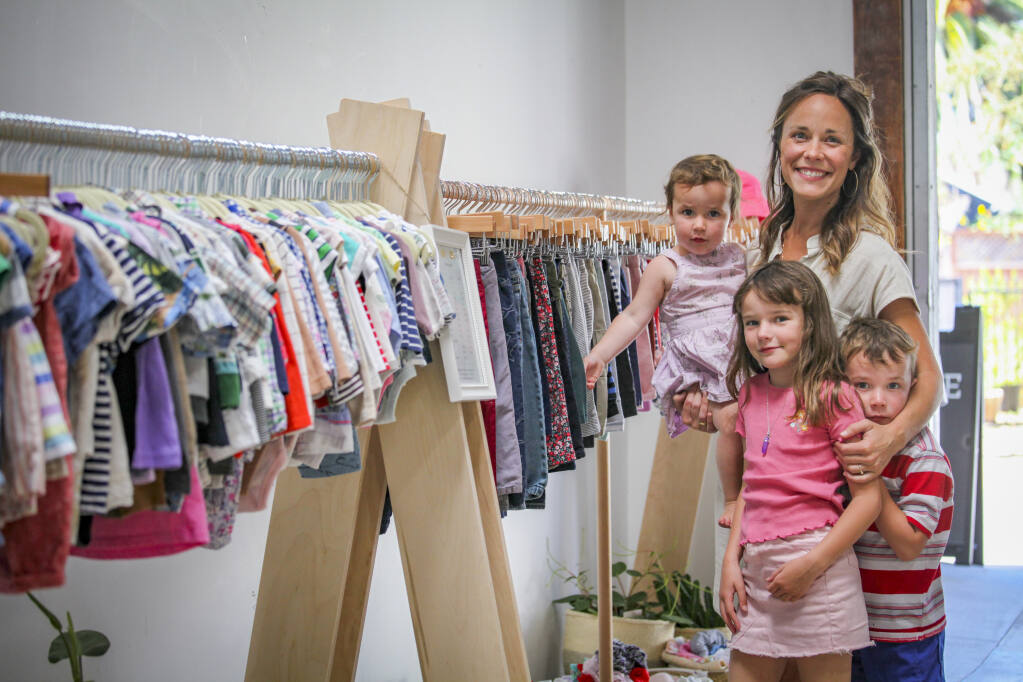 Laura Whelan is co-owner of NooNoo, a secondhand children’s clothing boutique located in the Watershed in Petaluma. She is the mom of Lucy, 8, Henry, 5, and Eleanor, 2, and along with Robin Semmelhack (not pictured), they curate used clothing to help local families shop eco-friendly. The name NooNoo was coined by Whalen’s children who say it at bathtime. “When you’ve taken off all your clothes and are ready for a bath, you are “NooNoo”, explained Whelan._ Monday, July 24, 2023._(CRISSY PASCUAL/ARGUS-COURIER STAFF)