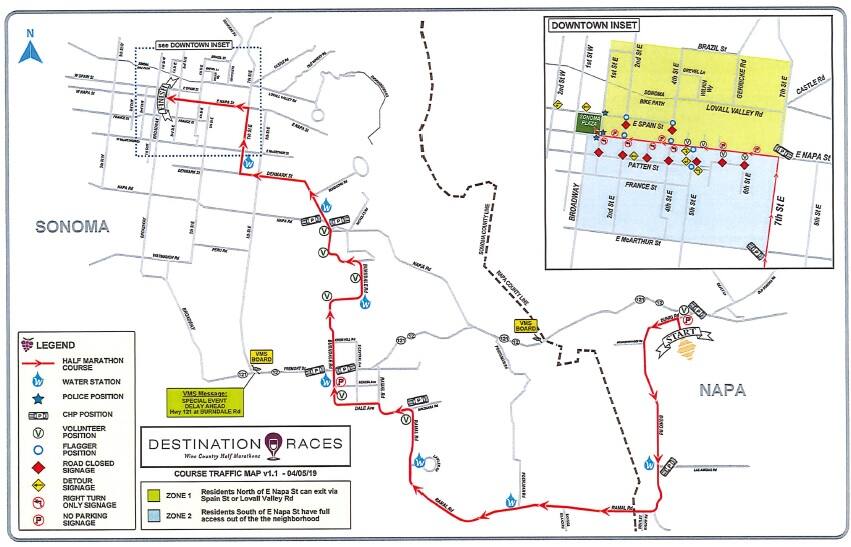 Napa-to-Sonoma Wine Country Half-Marathon course for Dec. 12, 2021. (Destination Races)