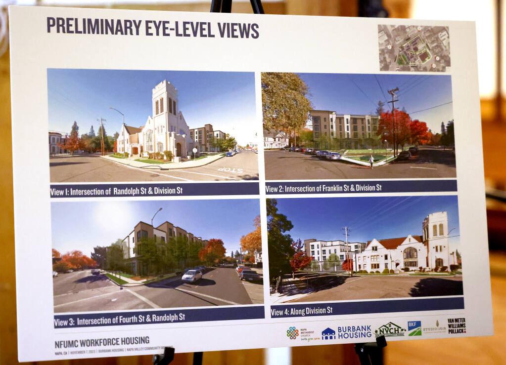 A board showing “Preliminary Eye-Level Views” of a mixed-use workforce housing project during an open house at the Napa First United Methodist Church in Napa, Monday, Nov. 13, 2023. The project is a partnerships between Napa First United Methodist Church, Burbank Housing and Napa Valley Community Housing. (Beth Schlanker / The Press Democrat)