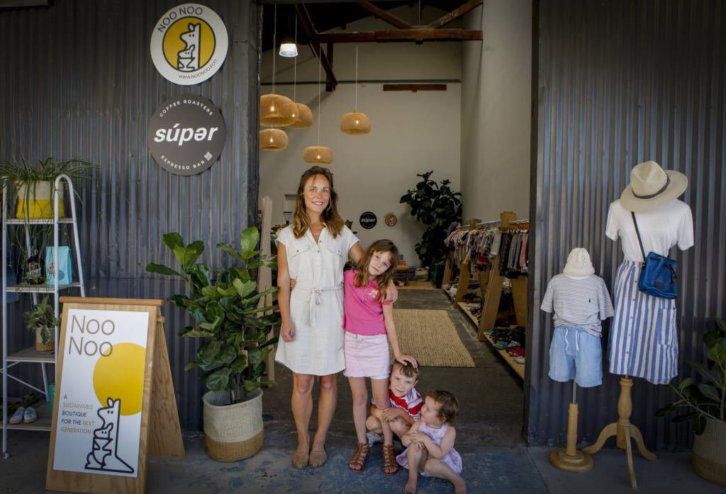 Laura Whelan is co-owner of NooNoo, located in the Watershed in Petaluma. She is the mom of Lucy, 8, Henry, 5, and Eleanor, 2, and along with Robin Semmelhack (not pictured), they curate used clothing to help local families shop eco-friendly. _ Monday, July 24, 2023._(CRISSY PASCUAL/ARGUS-COURIER STAFF)