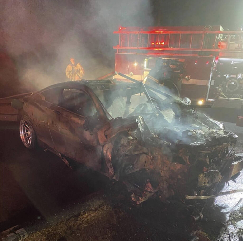 On Saturday, Sept 12, 2020, around 3 a.m., a car slammed into the Palace of Fruit on Old Redwood Highway, igniting a blaze. (Rancho Adobe Fire Department)