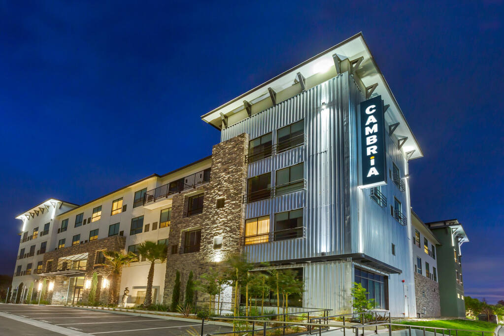 The 90-room Cambria Napa Valley hotel opened in August 2021. An entity managed by Stratus Development Partners owed over $80 million on this and a Cambria hotel in Rohnert Park when the loan for both went into foreclosure in early July. (Courtesy: Cambria Napa Valley)
