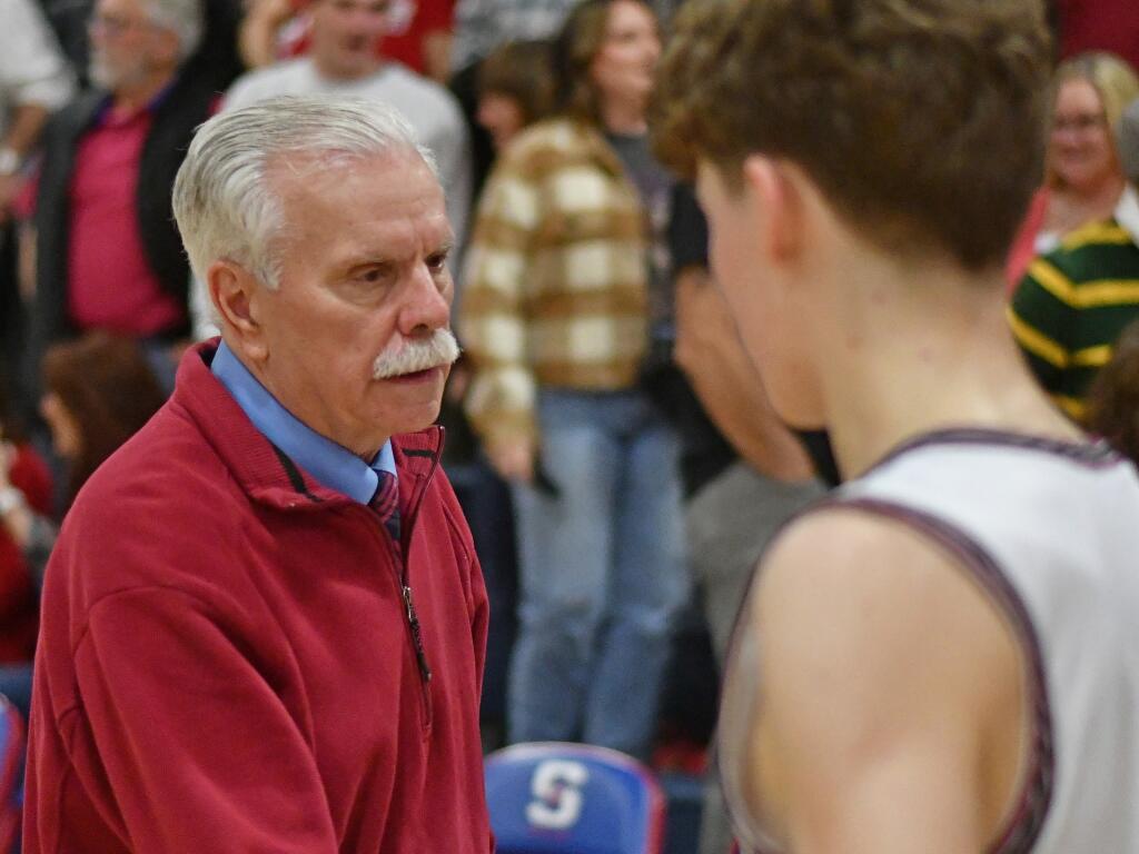 St. Vincent head basketball coach Tom Bonfigli, who has the most wins in Sonoma County over his 42-year career, was honored in what was called “Bonfather Night” on Saturday, Jan. 27, 2024. (SUMNER FOWLER/ARGUS-COURIER)