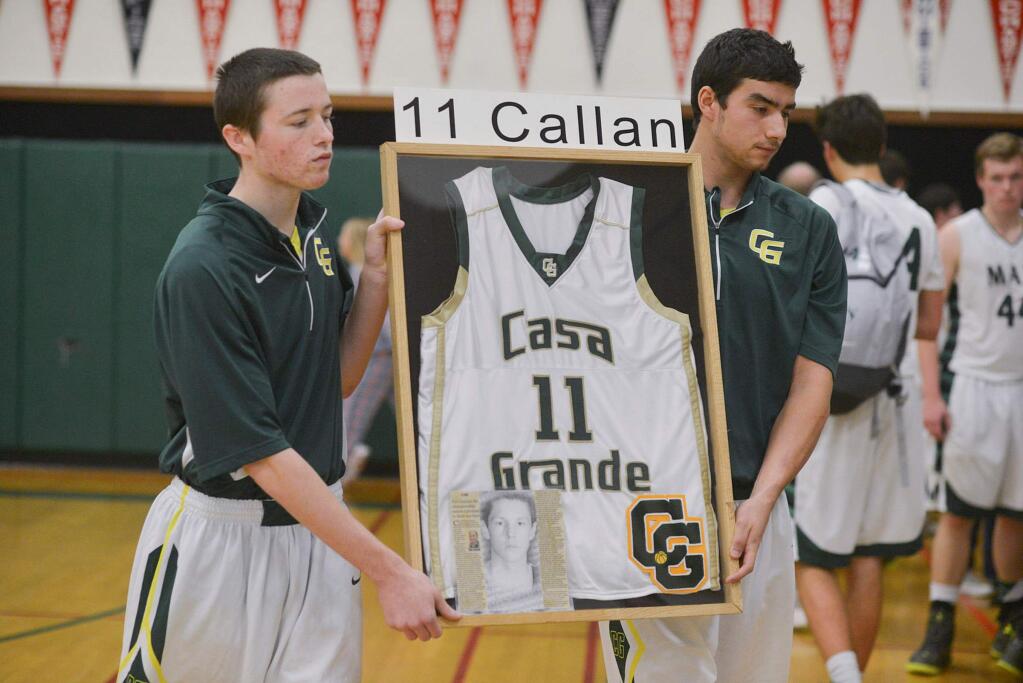 Brett Callan's jersy is displayed during the 2014 Brett Callan Memorial Tournament at Casa Grande High School December 18-20 2014.(SUMNER FOWLER/FOR THE ARGUS-COURIER)