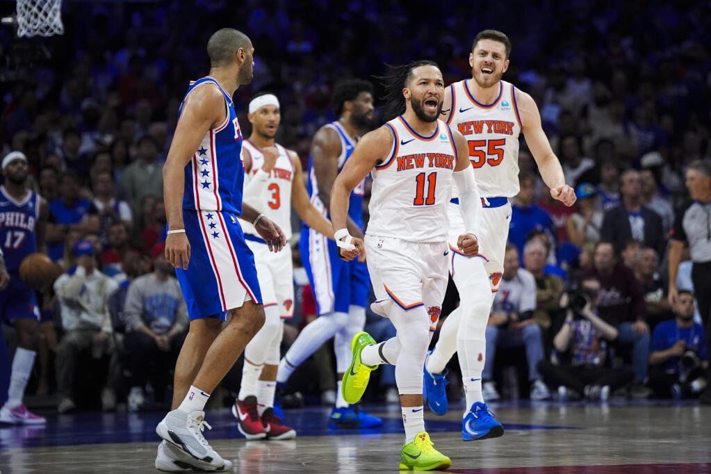 The New York Knicks’ Jalen Brunson reacts during the second half of Game 6 of their first-round playoff series against the 76ers, Thursday, May 2, 2024, in Philadelphia. (Matt Slocum / ASSOCIATED PRESS)