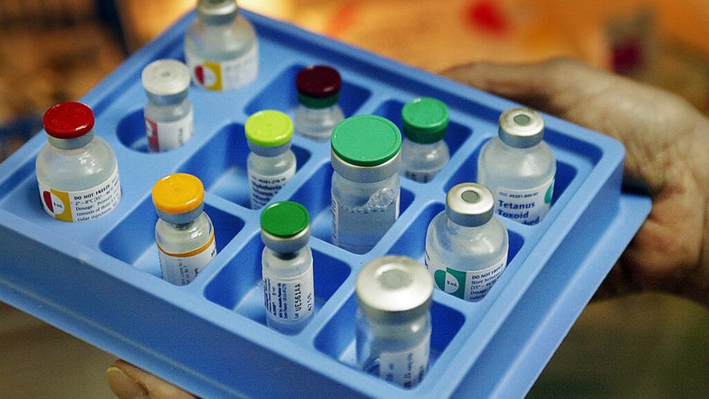 A tray of childhood vaccines. Health officials urge parents to get their children vaccinated against measles if they have not been. (TNS)