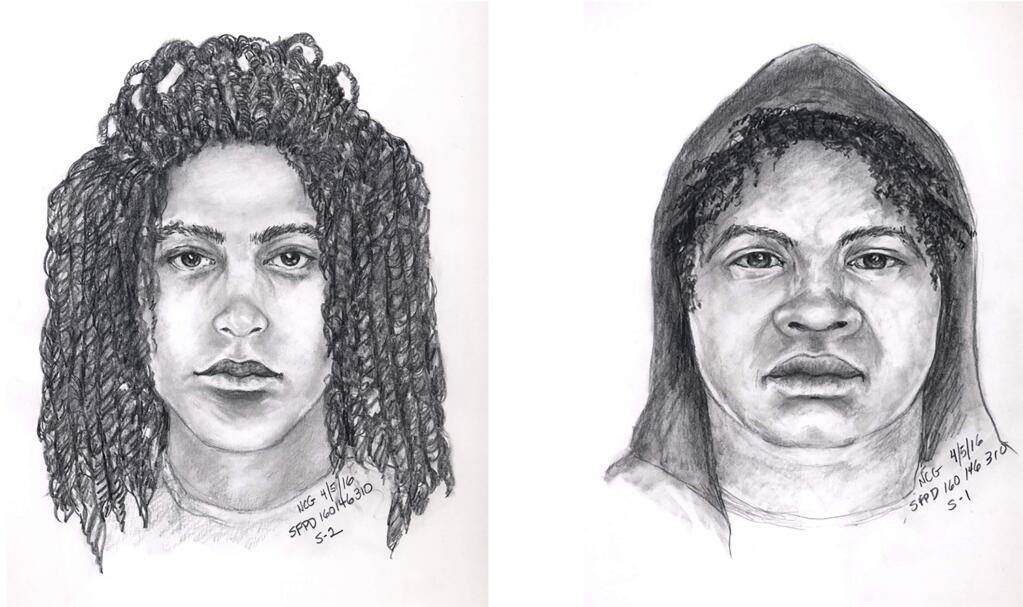 These April 5, 2016, police sketches provided by San Francisco Police Department shows two robbery suspects involved in a fatal attack in Feb. 18, 2016, in San Francisco. Police released the sketches Monday, April 11, of a couple they say attacked British tourist 48-year-old Paul Tam, of Manchester, near San Francisco's Cathedral. Police have yet to make an arrest in the attack, which is now being investigated as a homicide. (San Francisco Police Department via AP)