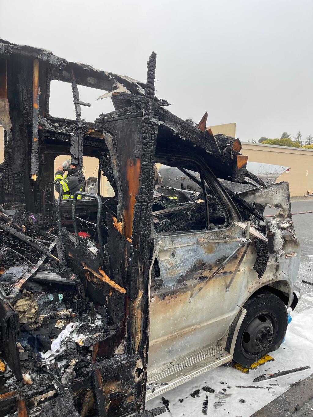 A fire destroyed an RV, which appeared to be someone’s living space, that was parked in Bellevue, Thursday, Aug. 17, 2023. The Sonoma County Fire District was dispatched about 6:37 a.m. to the fire and knocked down the flames in about 10 minutes, spokesperson Karen Hancock said. (Sonoma County Fire District)