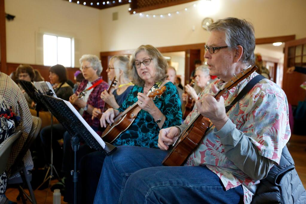 Instructors Alan Freeman and John Brady lead the local Ukulele Club gatherings twice a month at the Vintage House. Freeman, right and his wife Lindy play their ukuleles with other participants during the monthly Kanikapila Hawaiian music jam session and dance at Sonoma Valley Woman's Club in Sonoma, California on Saturday, January 28, 2017. (Alvin Jornada / The Press Democrat)