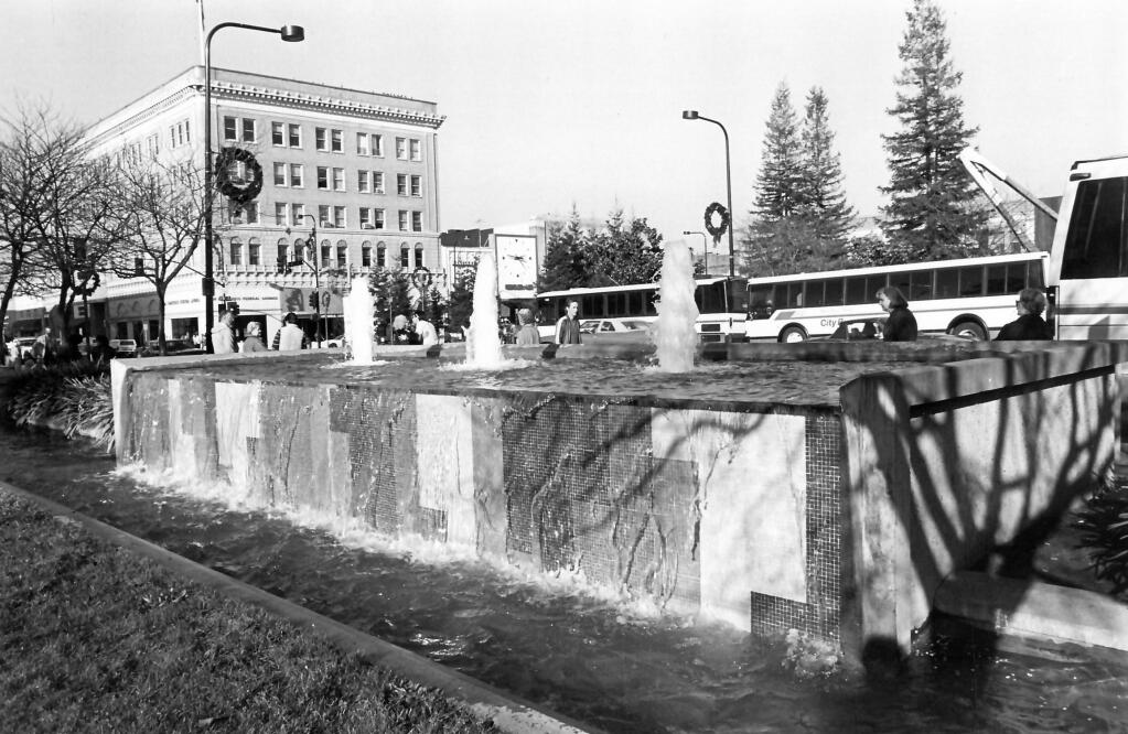 Ruth Asawa created sketches of Sonoma County for the fountain in Old Courthouse Square, seen in 1985 before the work was complete. The fountain was dedicated in 1987. (The Press Democrat)