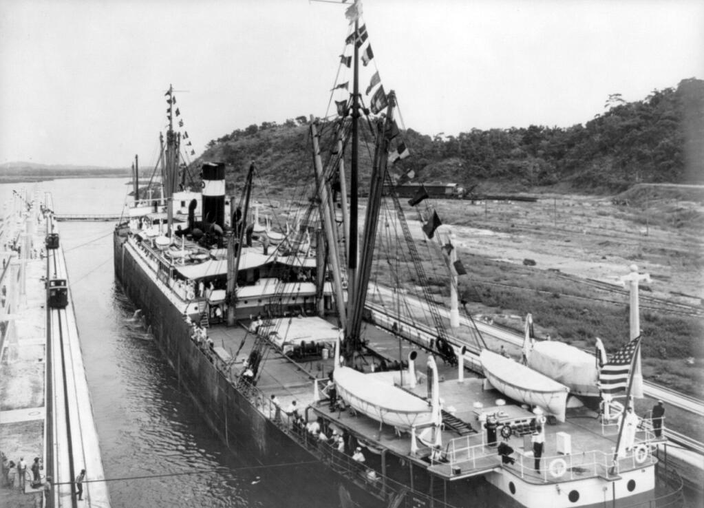 The first ship to transit the Panama Canal, the SS Ancon, passes through on Aug. 15, 1914. (U.S. LIBRARY OF CONGRESS/AUTHOR UNKNOWN)