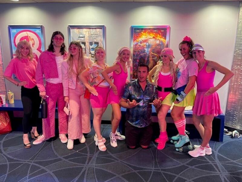 Members of local female empowerment group She Can Club dressed up in “Barbie” themed attire to attend the movie Thursday, July 20, 2023,  at 8:30 p.m. at Airport Cinemas in Santa Rosa. (Hilary Richards)