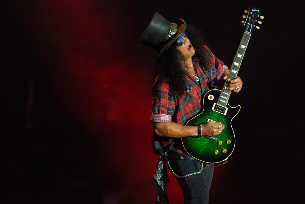 Guns N’ Roses lead guitarist Slash plays a solo during BottleRock Napa Valley in Napa, Calif., on Saturday, Sept. 4, 2021. (Alvin A.H. Jornada for The Press Democrat)