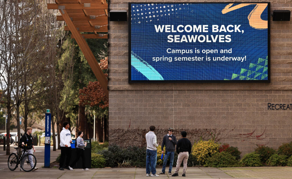 Sonoma State University students are welcomed back to campus for the spring semester, Tuesday, Jan. 23, 2024, in Rohnert Park after a historic one day strike by California State University faculty Monday, that ended with a tentative deal. (Kent Porter / The Press Democrat)