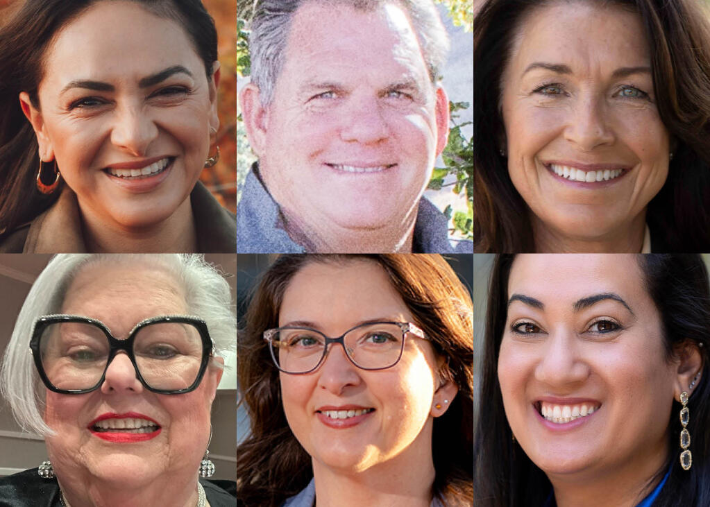 Candidates for March 2024 primary election, Napa County Board of Supervisors, clockwise from top left, Belia Ramos, Pete Mott, Liz Alessio, Mariam Aboudamous, Amber Manfree and Doris Gentry.