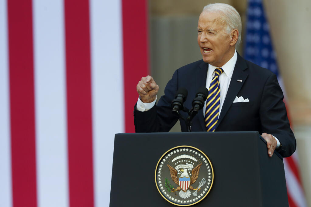 United States President Joe Biden addresses the public during an event at Vilnius University on the sidelines of a NATO summit in Vilnius, Lithuania, Wednesday, July 12, 2023. (AP Photo/Mindaugas Kulbis)