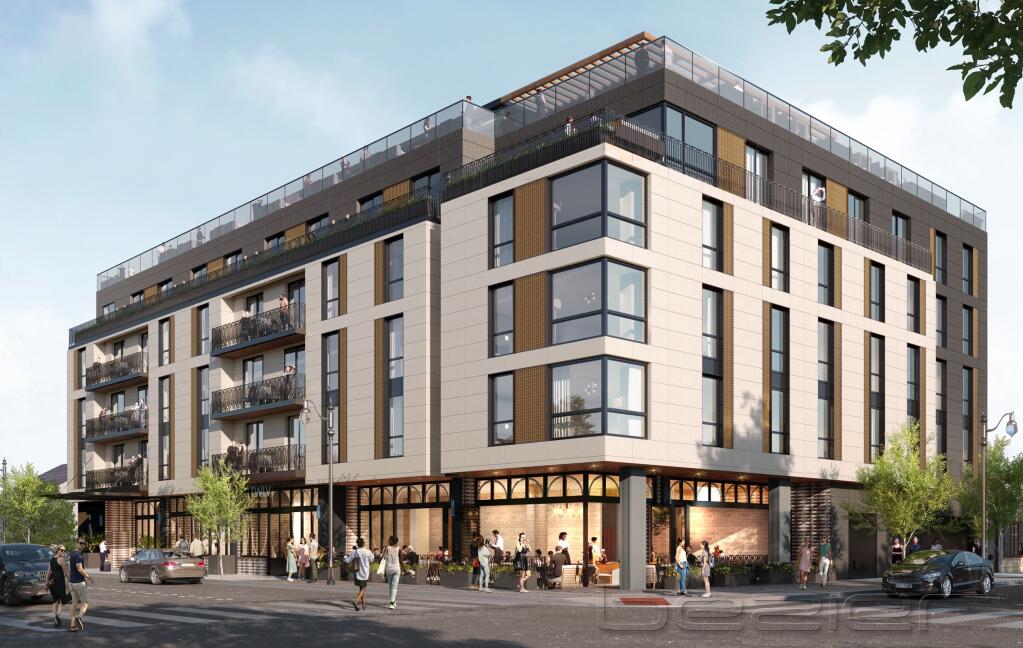 The latest renderings as of June 2023 for the proposed Appellation Petaluma hotel on the corner of B Street and Petaluma Boulevard. The hotel would include 93 guest rooms, restaurant and event space, as well as 58 below-grade parking spaces. (COURTESY OF EKN DEVELOPMENT)