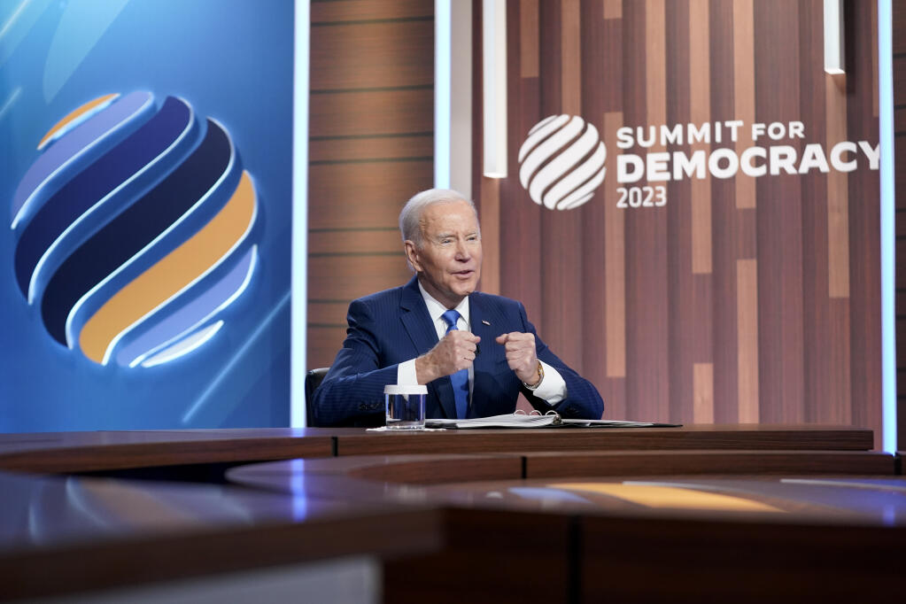 President Joe Biden speaks during a Summit for Democracy virtual plenary in the South Court Auditorium on the White House campus, Wednesday, March 29, 2023, in Washington. (AP Photo/Patrick Semansky)