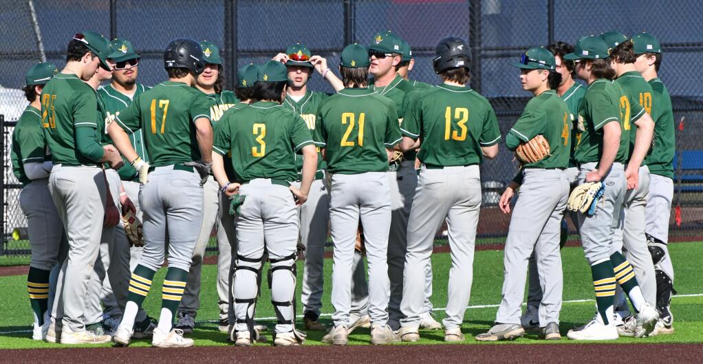 The Casa Grande High School baseball team gathers after beating Rancho Cotate 3-0 in a March 8 game. (SUMNER FOWLER / FOR THE PETALUMA ARGUS-COURIER)