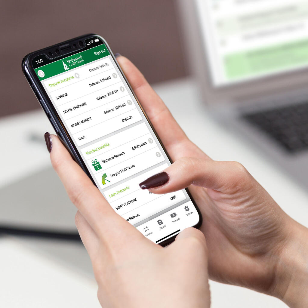 Redwood Credit Union offers a smartphone app for mobile access to accounts, deposits, card management and transactions. (Redwood Credit Union / Facebook)
