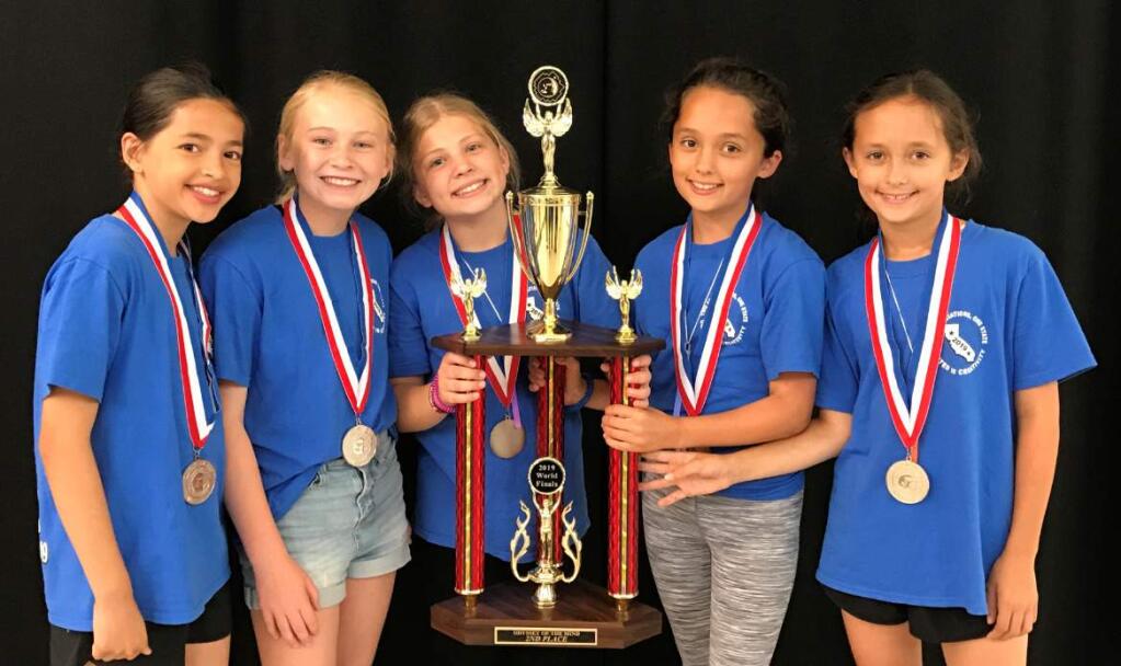 Team Ermine at the world finals of Odyssey of the Mind: From the left, Cassidy Cornelius, Maren Negri, Ali Bey, Quinne Crocker and Sloane Crocker.