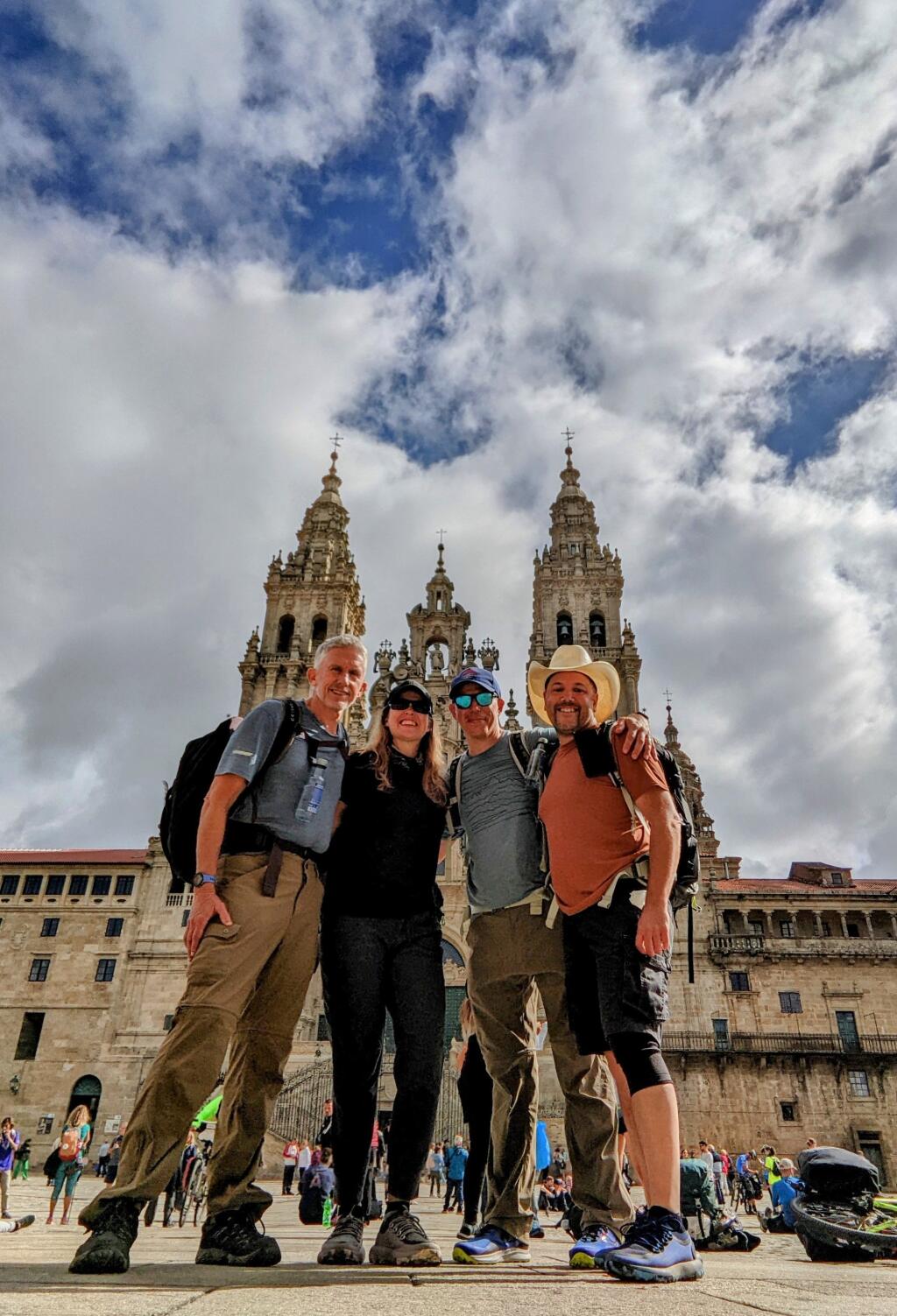 “We made it!” Houston Porter and Andrea with Dave and Cenzo Pierotti, at the end of their 70-mile journey along the Camino de Santiago in Spain. (Photos courtesy of Houston Porter)