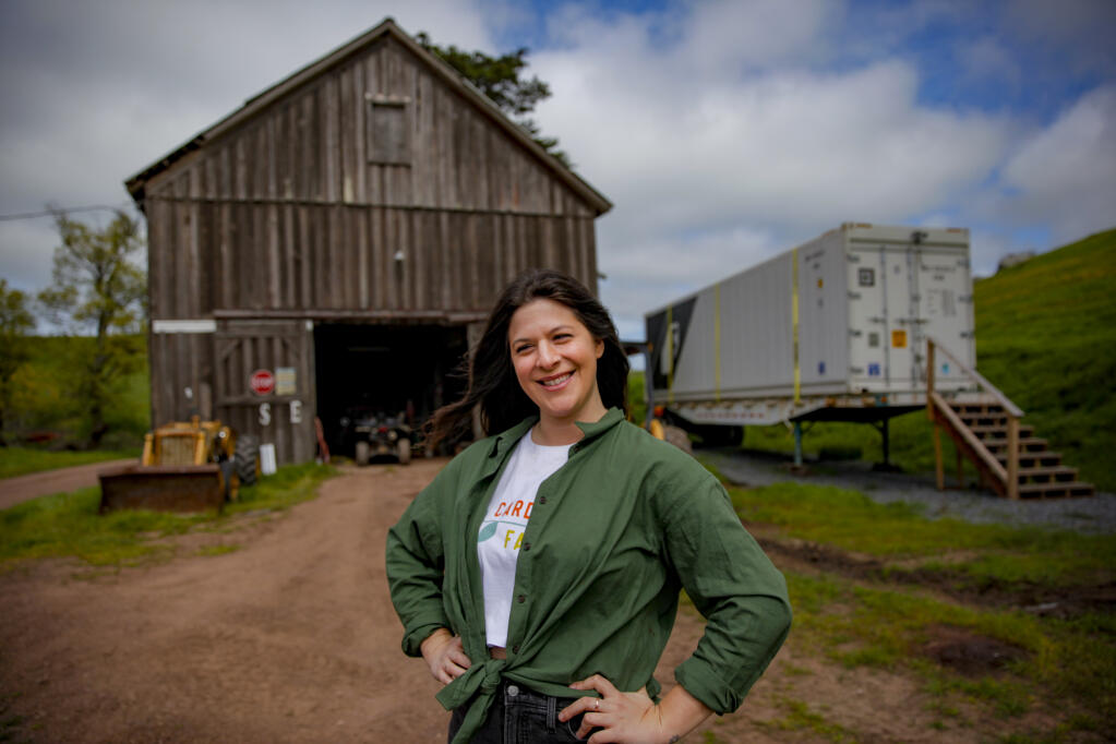 Noël Schaff of Cardona Farms started a vertical farm in rural Petaluma where she grows an edible garden inside a 40-foot-long freight container but yields the equivalent of 2.5 acres. Photographed on Wednesday, April 3, 2024. (CRISSY PASCUAL/ARGUS-COURIER STAFF)