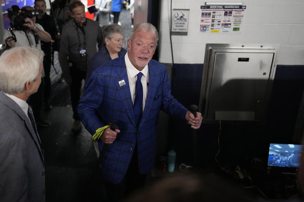 Indianapolis Colts owner Jim Irsay leaves the locker room after after an NFL football game against the Houston Texans Sunday, Sept. 17, 2023, in Houston. The Colts won 31-20. (AP Photo/David J. Phillip)