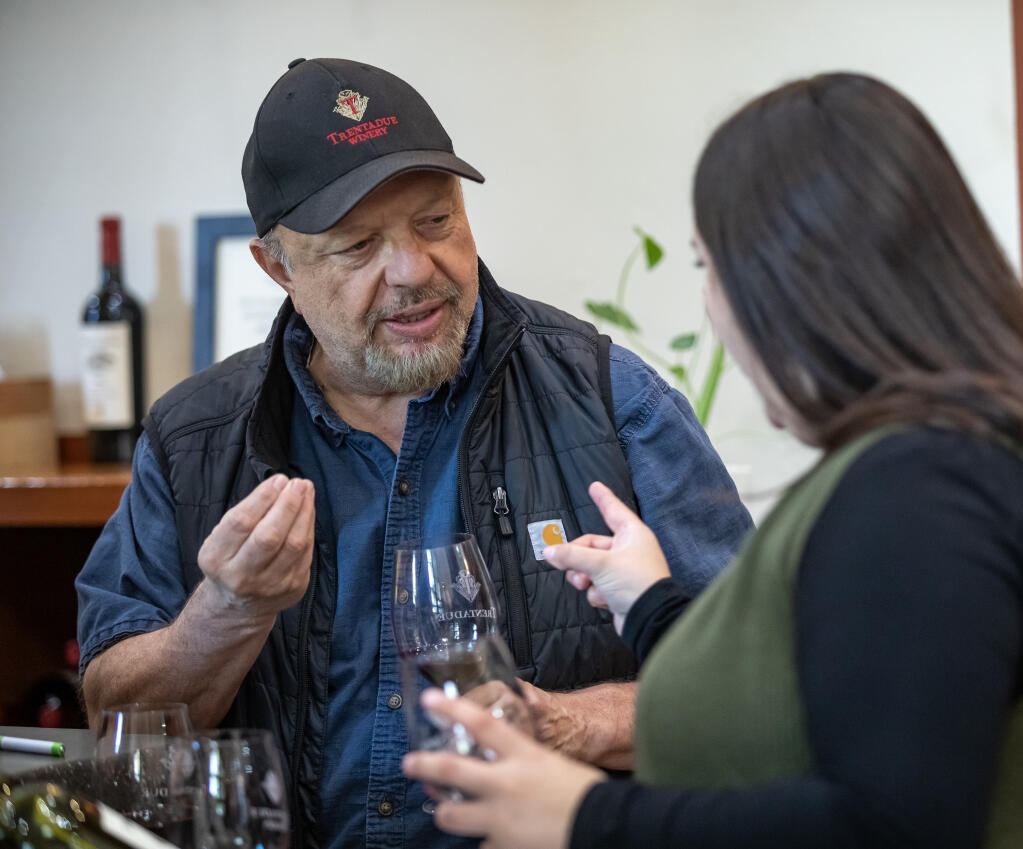 Miro Tchalokov, winemaker for Trentadue Winery, whose La Storia Cuvee 32 took home the top prize at the North Coast Wine Challenge talks with tasting room staff at the Geyserville winery, Friday April 5, 2024. (Chad Surmick / The Press Democrat)