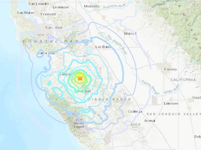 A map from the U.S. Geological Survey website showing the earthquake that struck Central California on Tuesday, Oct. 15, 2019. (WWW.USGS.GOV)