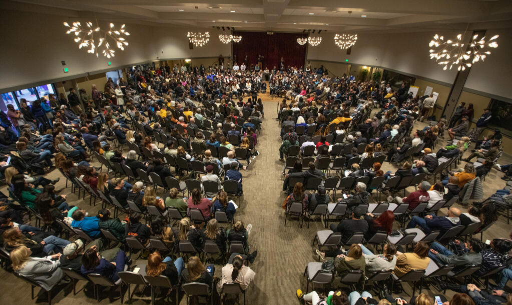 Parents, students and faculty from Sonoma County Schools pack the Friedman Center on Tuesday evening while meeting with counselors to discuss the state of Sonoma County schools in the wake of a stabbing death at Montgomery last week. March 7, 2023.  (Chad Surmick / The Press Democrat)