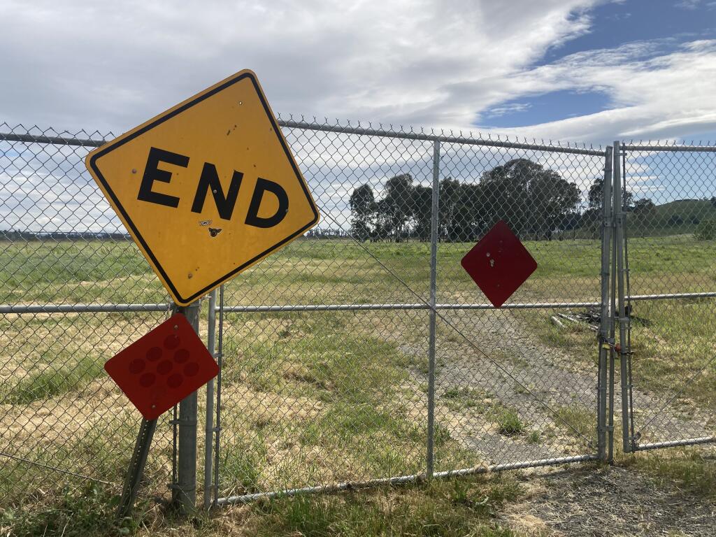 The city property beyond the end of South Jefferson Street in Napa that residents are pushing to be transformed into a sports complex. (Edward Booth / The Press Democrat)
