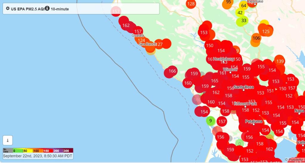 By about 9 a.m. Friday, air quality indexes in Sonoma County are all around 150, which can cause negative health effects for all residents. (PurpleAir)