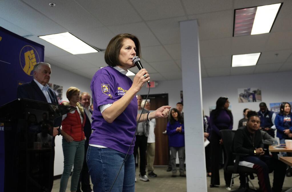 Sen. Catherine Cortez Masto, D-Nev., speaks at a campaign event Tuesday, Nov. 8, 2022, in Las Vegas. (AP Photo/John Locher)