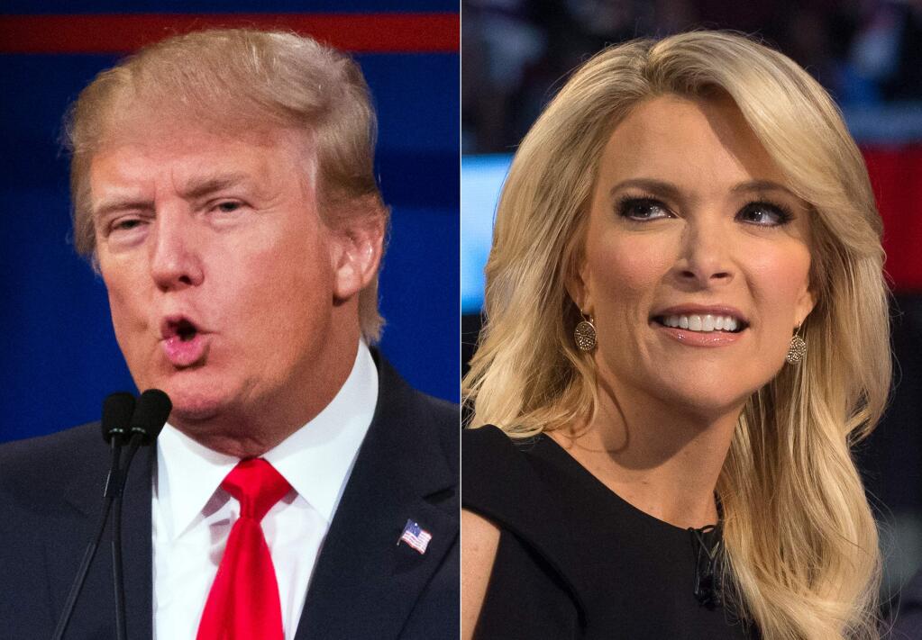 This combination made from Aug. 6, 2015 photos shows Republican presidential candidate Donald Trump, left, and Fox News Channel host and moderator Megyn Kelly during the first Republican presidential debate at the Quicken Loans Arena, in Cleveland. Trump had already slammed the president, Democratic front-runner Hillary Rodham Clilnton and his Republican rivals in the race for the White House. To that fast-growing list he has now added Kelly. (AP Photo/John Minchillo)