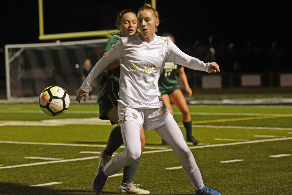 Windsor High’s Jadyn Holdenried, pictured during a January game against Maria Carrillo, scored the Jaguars’ lone goal on Wednesday to advance to the North Coast Section Div. 2 title game. (Erik Castro/for The Press Democrat)