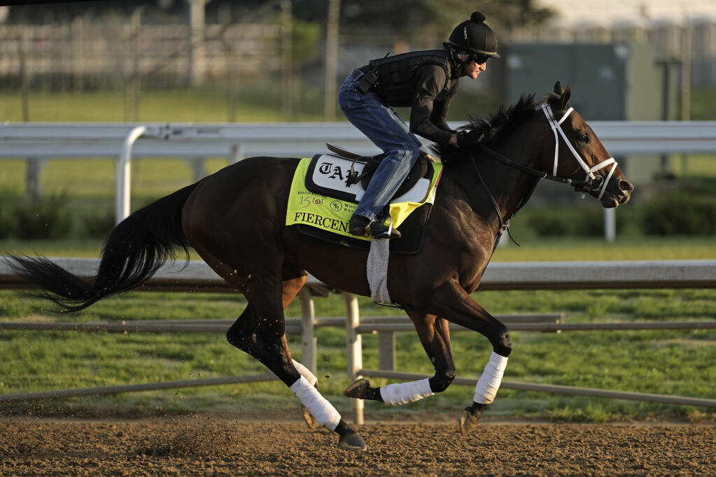 Kentucky Derby hopeful Fierceness works out Wednesday at Churchill Downs in Louisville. The 150th running of the race is Saturday. (Charlie Riedel / ASSOCIATED PRESS)